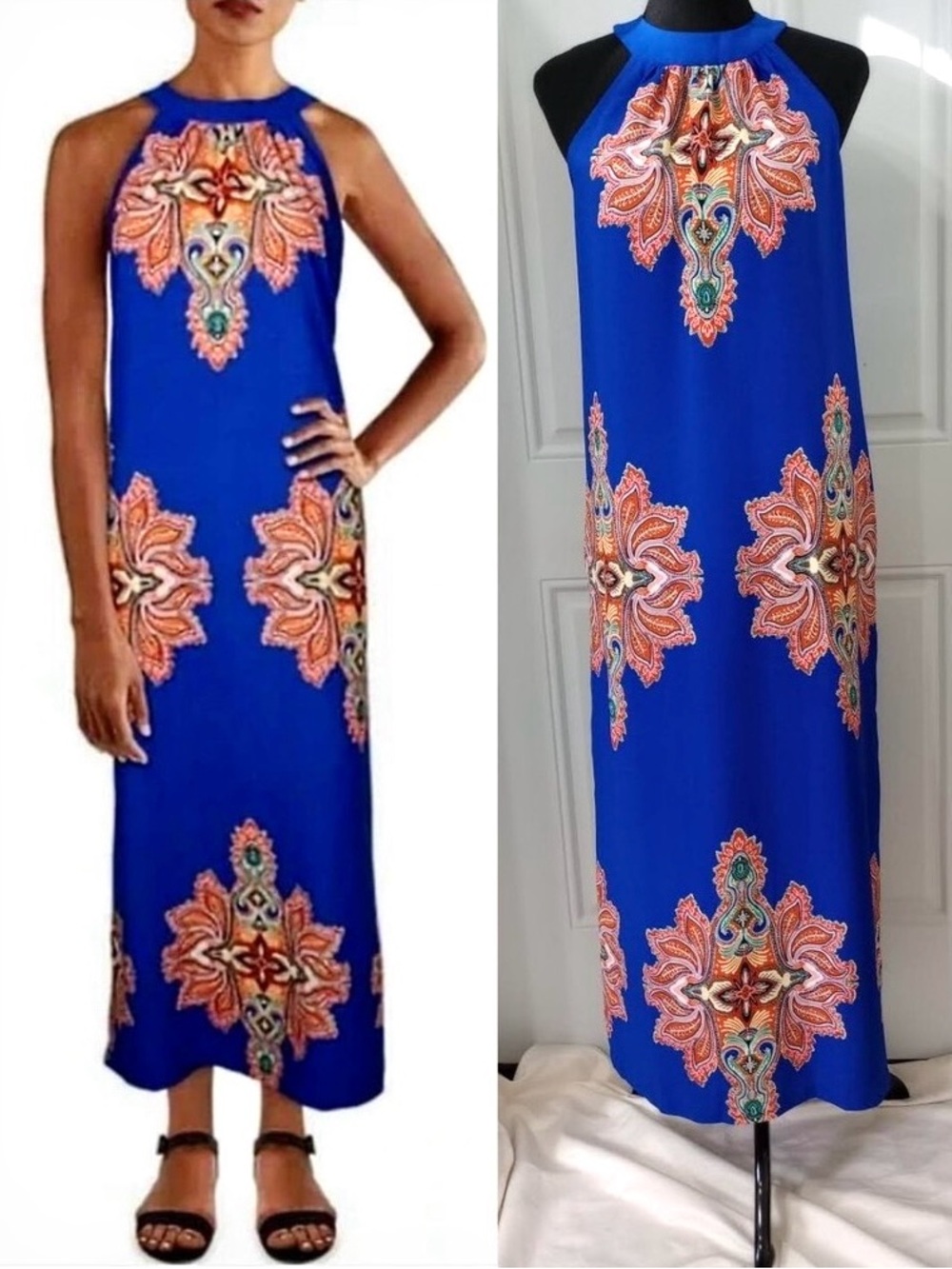 CATHERINE MALANDRINO Paisley Maxi Dress with Pockets Royal Blue Summer Wedding
